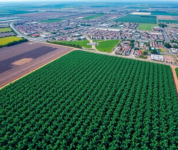 Campo de soja com cidade ao fundo
